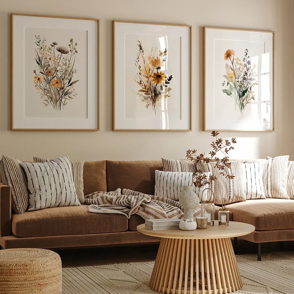 Skandinavische minimalistische ästhetische Wandkunst, neutrale Aquarell-Wildblumen, Pflanzen, HD-Poster, Drucke, für Zuhause, Schlafzimmer, Wohnzimmer, De
