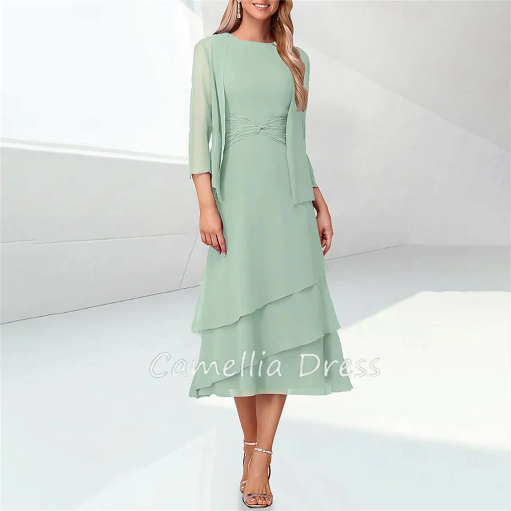 New Jewel Neck Mother Of The Bride Dress Column Tea Length Chiffon Elegant Formal Dresses Vestidos Mae Da Noiva Casamentos