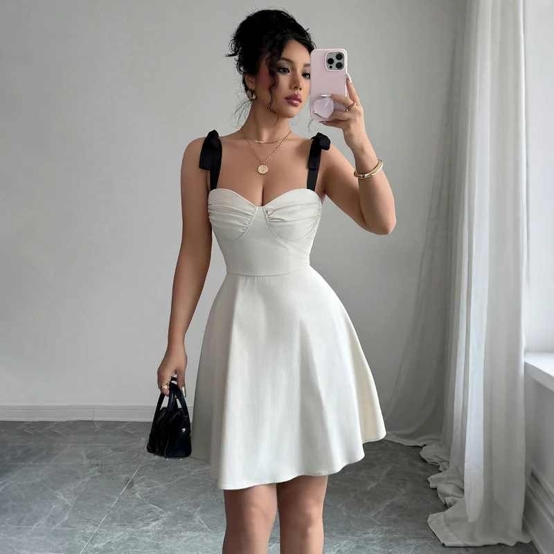 

White Dress Women Dresses Y2k Sleeveless Camisole V Neck Skinny Casual Mini Vestidos Slim High Waist Party Elegant 2025 Summer