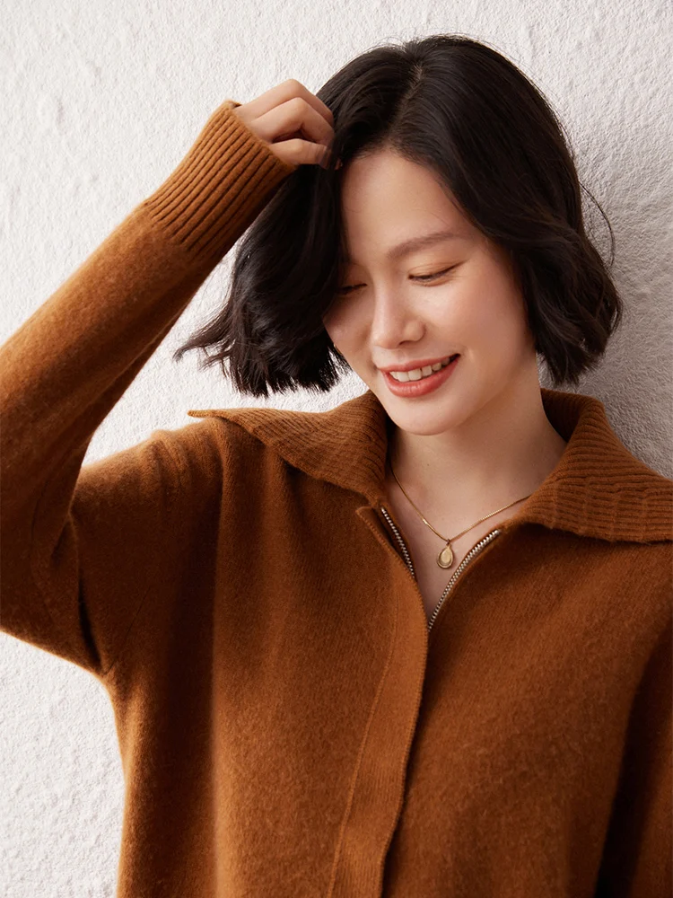 New Autumn Winter High Quality Cardigan Women Zipper Turn-Down Collar Thick Cashmere Sweater 100% Cashmere Fashion Knitting Tops