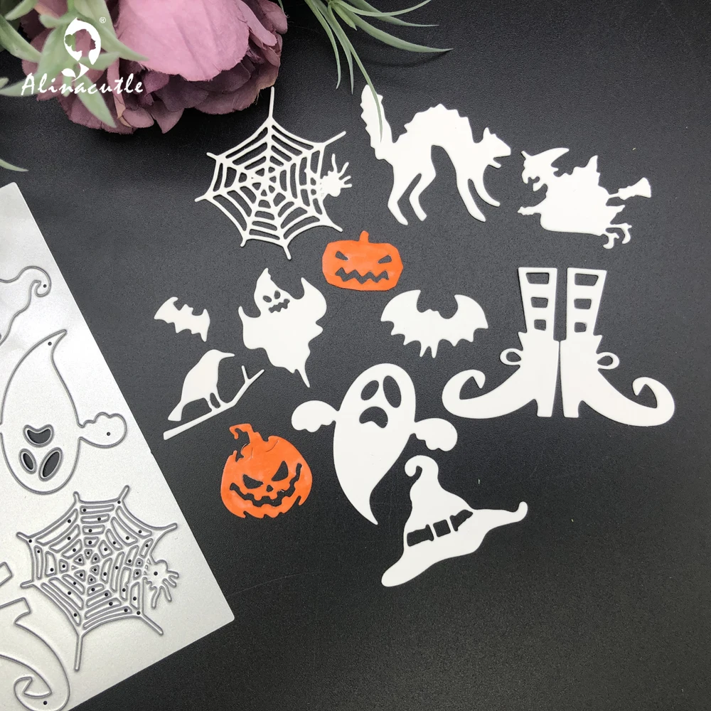 Alinacutle Metalowe matryce do wycinania Części Halloween Pająk Kot Scrapbooking Papierowy album rzemieślniczy Ręcznie robiony szablon kartki