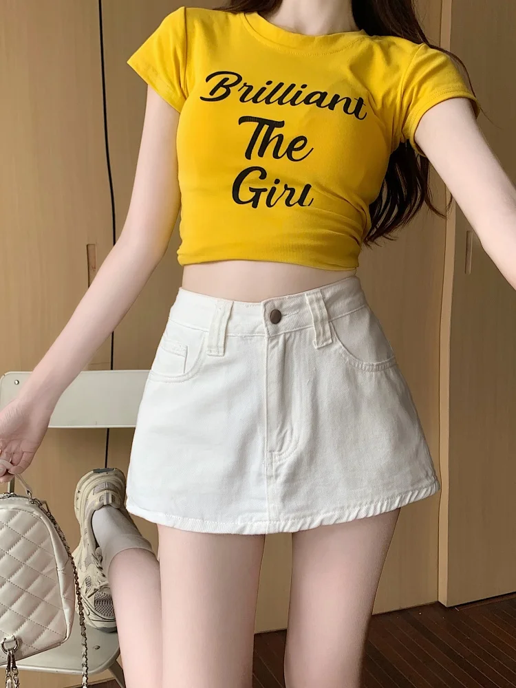 

White Denim Skirt Women's High Waist Slimming Anti-Light A-Line Skirt Wrap Body Shorts Summer Casual Wide Leg Jeans