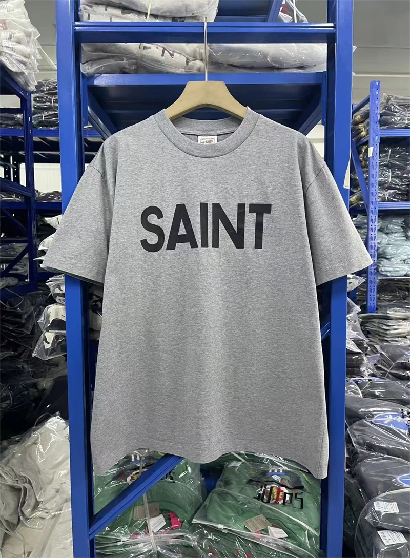 

Saint Grey, новая винтажная свободная уличная футболка с короткими рукавами и принтом логотипа, универсальная повседневная футболка из чистого хлопка с круглым вырезом