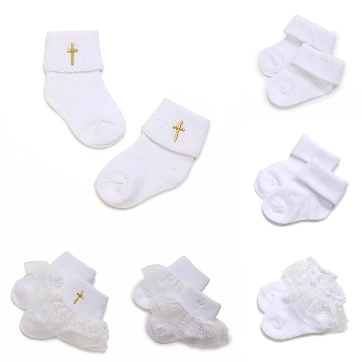 White Soft Infant Kids Cotton Baby Socks Newborn Baby Baptismal Socks 0-18Months 5 Pair of Socks