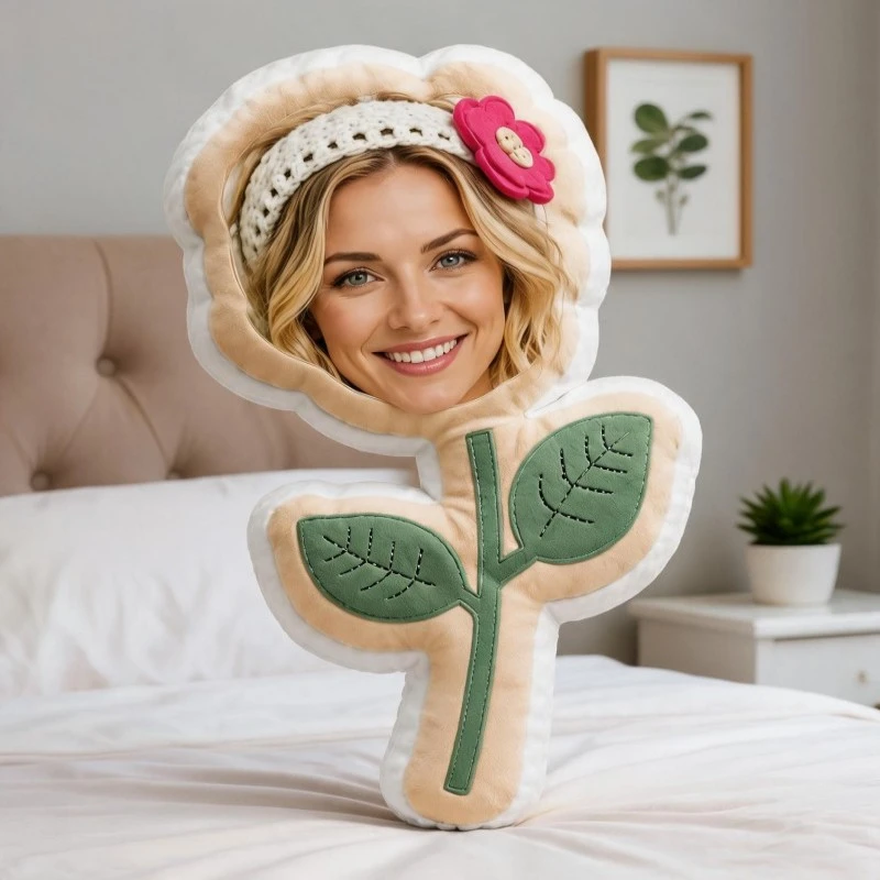 Custom Personalized Photo Flower Shaped Pillow, Smiling Face with Pink Flower Headband Custom Picture Decorative Cushion, Unique