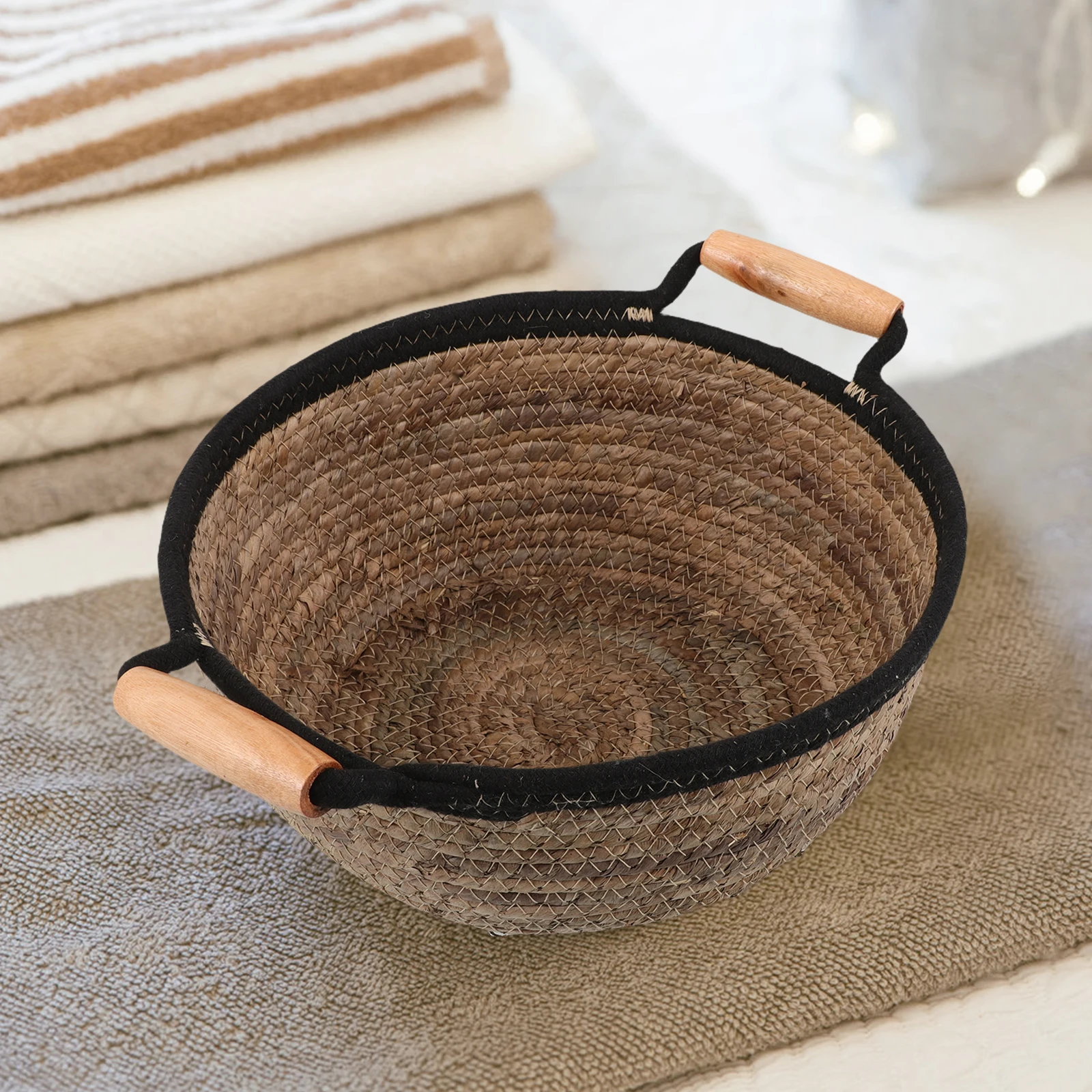 

Round Wicker Storage Basket Natural Straw Organizer With Handles Bathroom Makeup Miscellaneous Decorative Shelf Container Small