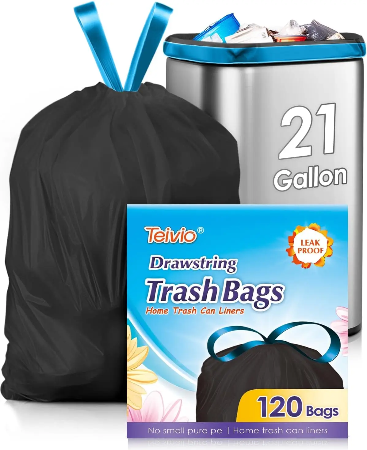 

Мешки для мусора с завязками, 21 галлон, 120 штук, прочные, подходят для мусорных баков 20 галлонов, для дома, офиса, кухни, черные