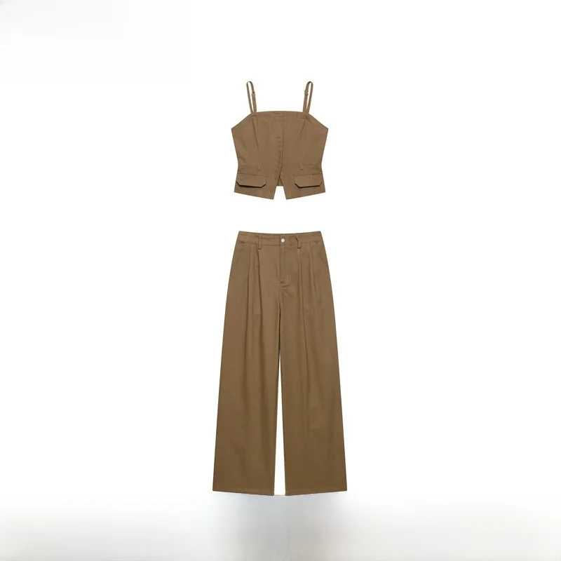 

New Spring Summer Women's Fashion Denim Set Strap Vest Wide Leg Pleated Pants Two Piece Suit Casual Chic Female Outfit