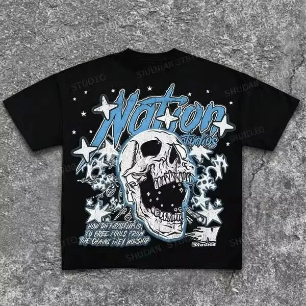 Nation Studios Blue Skull Star Graphic T-Shirt, Y2K Streetwear Oversized Vintage Skeleton Print Tee, Hip Hop Unisex Summer Top, Couple Matching Outfit