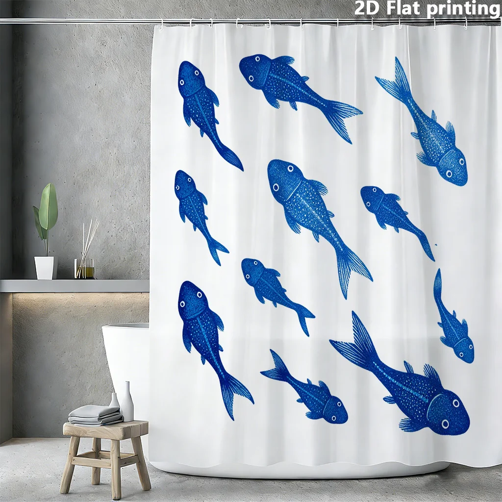 Ocean Flow Abstract Shower Curtain – Indigo & Seafoam Curves on Cream, Polyester  12 Grommets, Machine Washable, 72×72