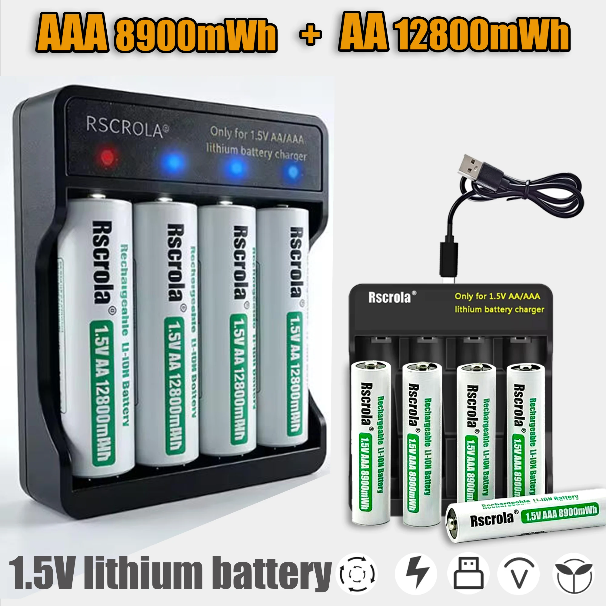 Bateria recarregável de alta capacidade AA 12800mWh AAA 8900mWh Carga de bateria com carregador para luz solar, teclado, controle remoto