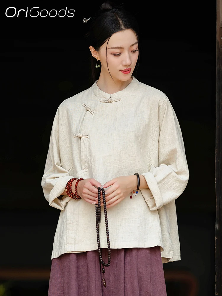 OriGoods Oversized Ramie Shirt Women 2024 New Autumn Long Sleeve Coat Shirt Zen Style Top Loose Chinese Traditional Clothes C078