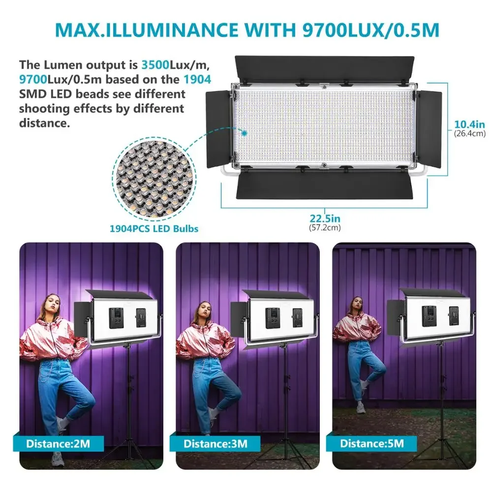 Gold Seller Neewer Advanced 2.4G 1904 LED Video Light, Dimmable Bi-Color LED Panel with LCD Screen, Barndoor and U-Bracket