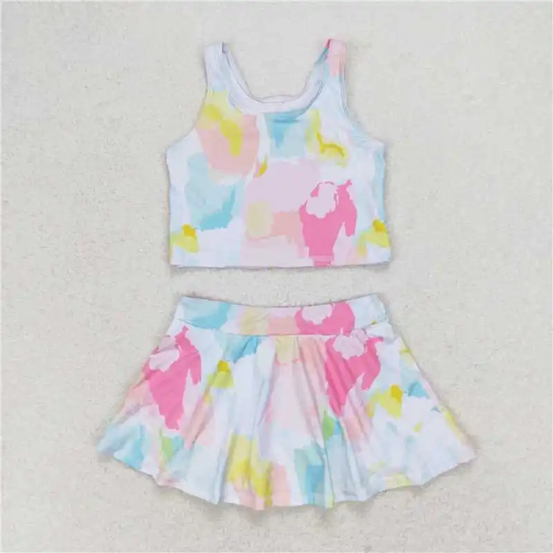 GSD0991 Kids  Girls Summer Outfit Sets Sleeveless Top Color Print With Culottes Suit  Children Clothes