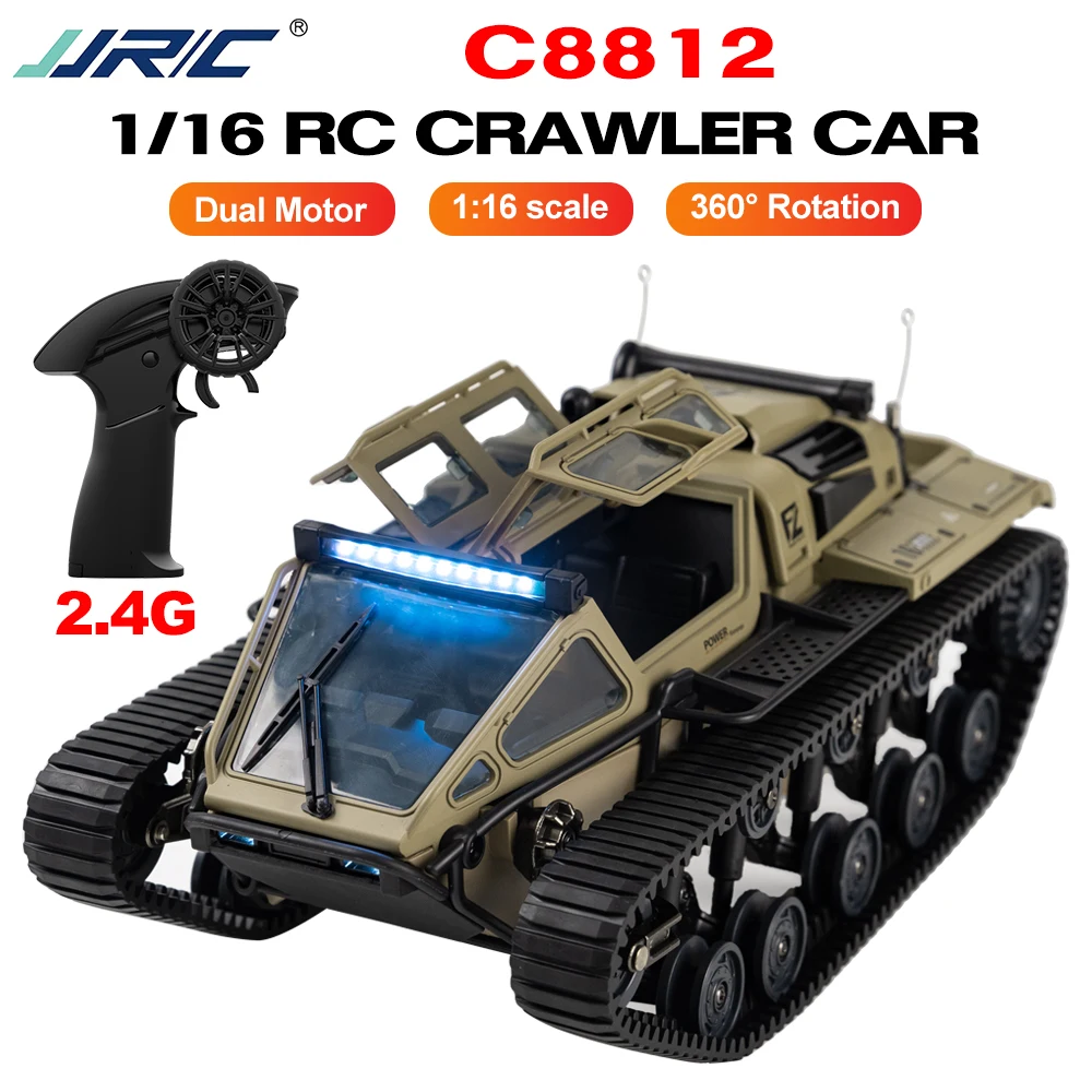 รถ JJRC C8812 1:16 รถดริฟท์ครอว์เลอร์ หมุนได้ 360 องศา °   รถบังคับวิทยุแบบมีสายพาน 2 มอเตอร์ พร้อมโหมดไฟ 13 แบบ สำหรับถนน ทุ่งหญ้า ทางเดิน และพื้นที่หิมะ