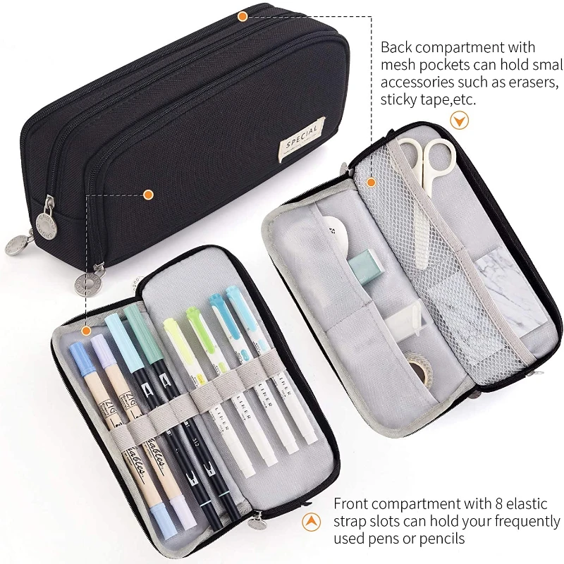 Kawaii Large Capacity Pencil Case 3 Compartment Pouch Pen Bag Double Side Opening Students Stationery Organizer School Supplies