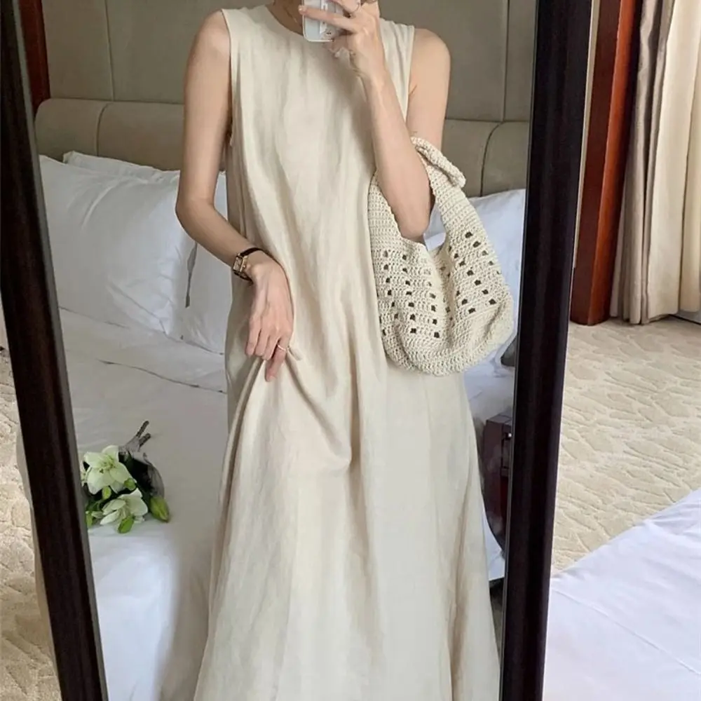 Sweet Solid Summer Sleeveless Dress Hollowed Out Round Neck Vocation Vest Dresses Beachwear Simple Open Back Long Dress Party