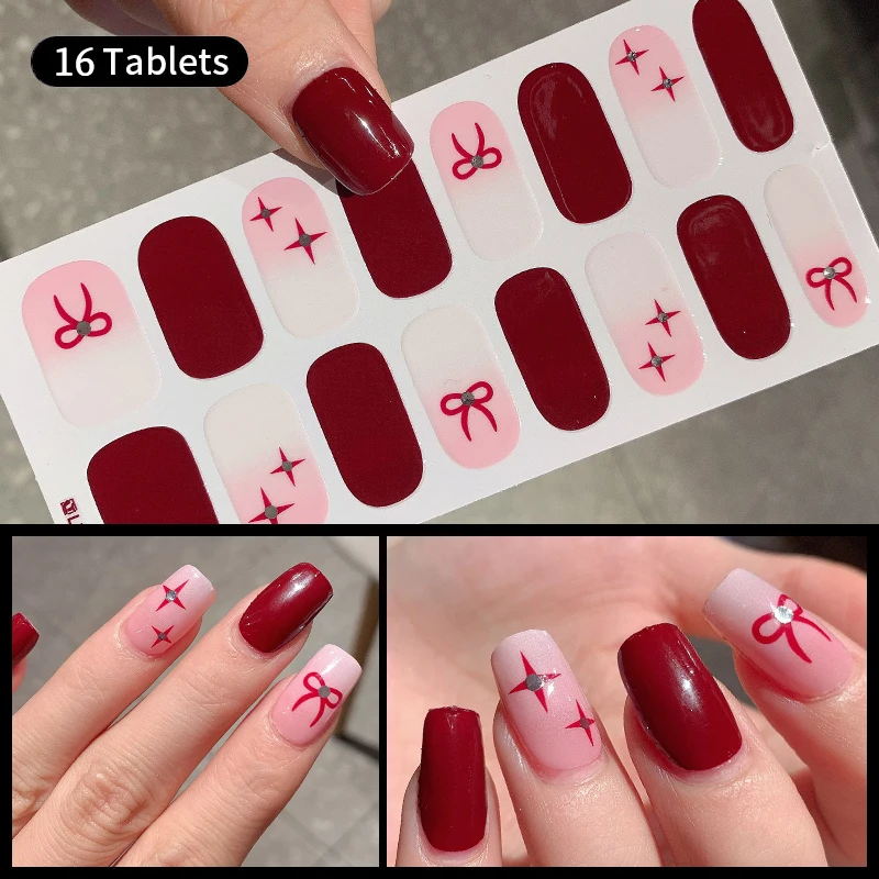 16 Tipps Nagelaufkleber Mode Rote Schleife Farbverlauf Französisches Herz Vollständige Abdeckung Nagelaufkleber Vollständige Nagelfolien DIY Maniküre Kunstherstellung