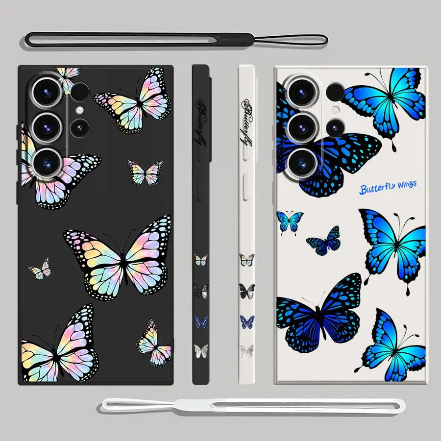 Blue Butterfly Phone Case for Samsung Galaxy S23 Ultra 5G S21 Plus S22 S20 FE S24 Ultra S20 With Lanyard Back Silicone Cover