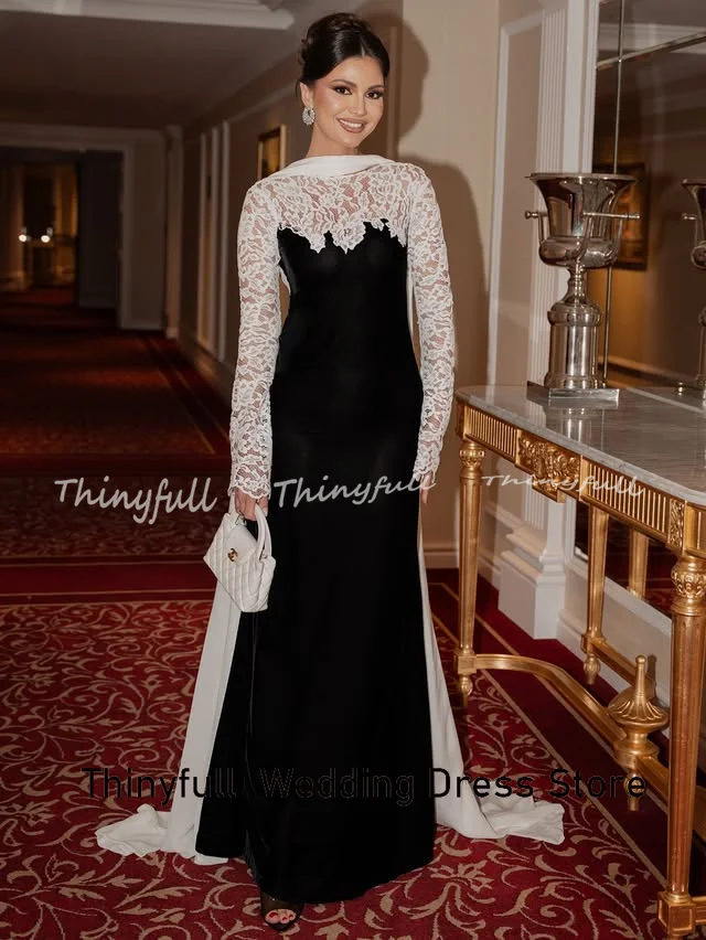 Thinyfull Meerjungfrau Samt/Spitze Arabische Ballkleider Lange Ärmel O-Ausschnitt Abend Partykleid Formelles Kleid Robes de Soirée Maßgeschneidert