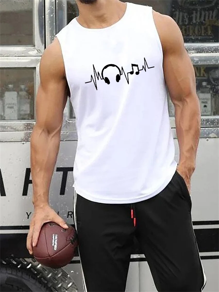 

Pop Men's Summer Casual Sports Loose Headphones With Music Pattern Printing, Comfortable And Breathable Round Neck Sleeveless Ve