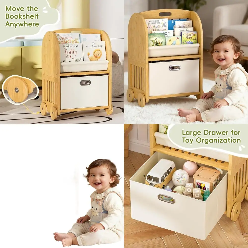 

2-сторонняя, 3-ярусная бамбуковая детская книжная полка, полка Монтессори с безопасными колесами и большим ящиком для хранения, книжный шкаф для малышей, детская книжка