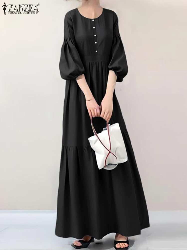 2025 Elegante Abito con maniche a lanterna ZANZEA Donne alla moda Maxi Abito lungo Estate Vestito estivo Casual Solid OL Abiti da lavoro Robe Femme