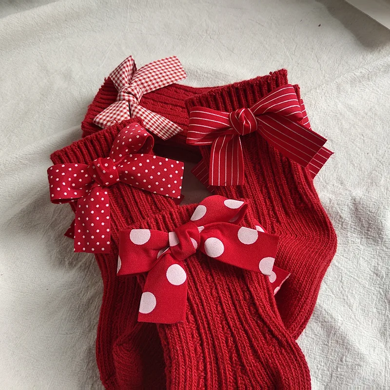 Baby Girls Knee High Socks Kids Cotton Red Big Bow Christmas Sock Solid Woolen Leg Warmers Girl Toddler Soft Socks For 0-3Years