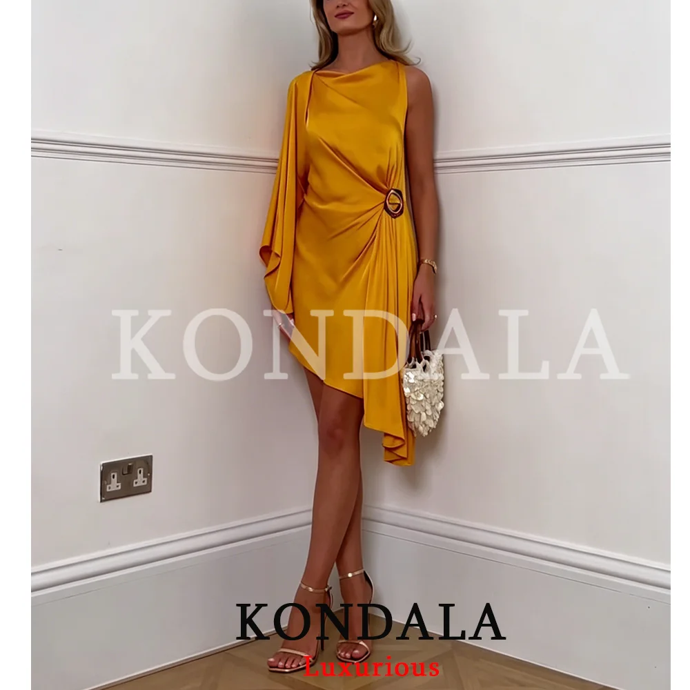 KONDALA Luxuriöses Gold-Satin Damen Partykleid, One-Shoulder Plissiertes Midi-Abendkleid, Modisches Sommerkleid 2026 für den Urlaub – Detail 3
