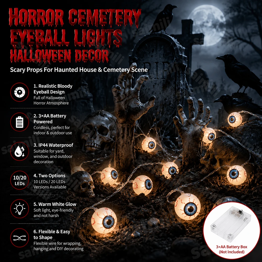 Batteriebetriebene Halloween-LED-Lichterkette mit gruseligen Augäpfeln, warmweißes Licht, Dekoration für Zuhause, Feiertage, Partys, DIY-Dekorbeleuchtung – Detail 2