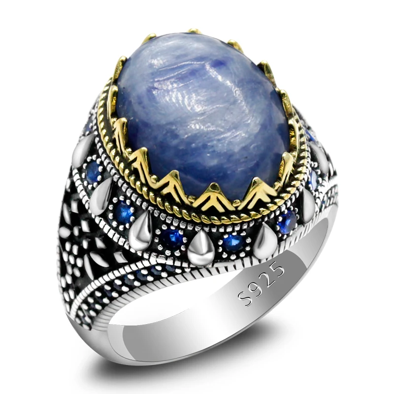 

S925 Silver Natural Blue Crystal Handmade Men's Ring Türkiye Vintage Luxury Authentic Jewelry Festival Party Anniversary Gift