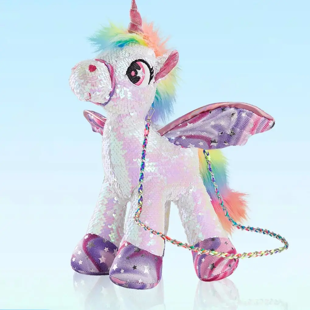 حقيبة كروس من القطيفة على شكل وحيد القرن مزينة بالترتر للأطفال هدية عيد ميلاد أنيقة للفتيات من Mochilas Mujer موضوع حيوان لطيف