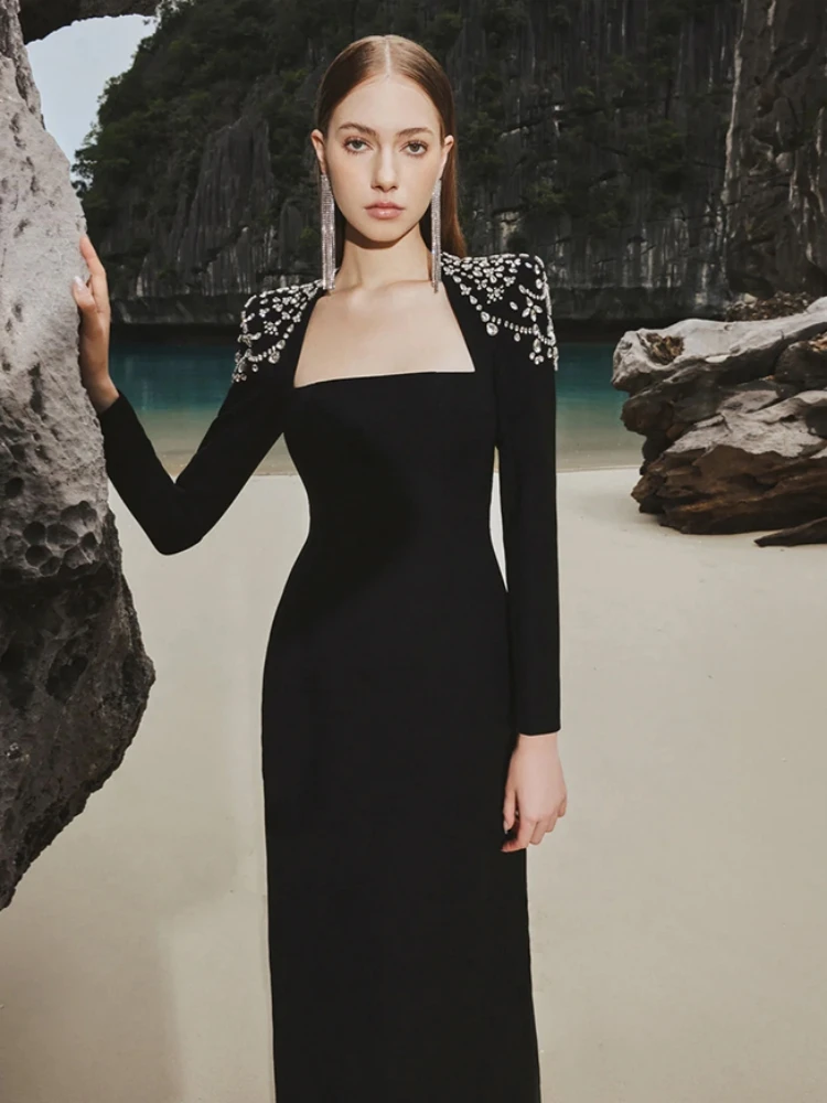 Sexy Square Collar Luxury Diamond Long Bandage Dress Women Black Long Sleeve Crystal Bodycon Dresses Evening Party Gowns