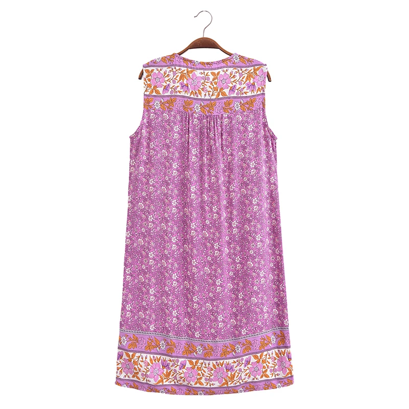 KEYANKETIAN Summer new women's vacation style sleeveless positioning print round neck tassel lace up mid length dress