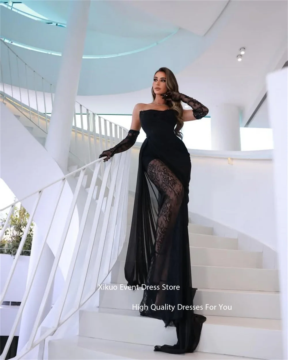 Xikuo Black Illusion Lace Evening Dress Delicate Appliques Vestidos De Noche Glamorous Mermaid Celebrity Party Dress Customized