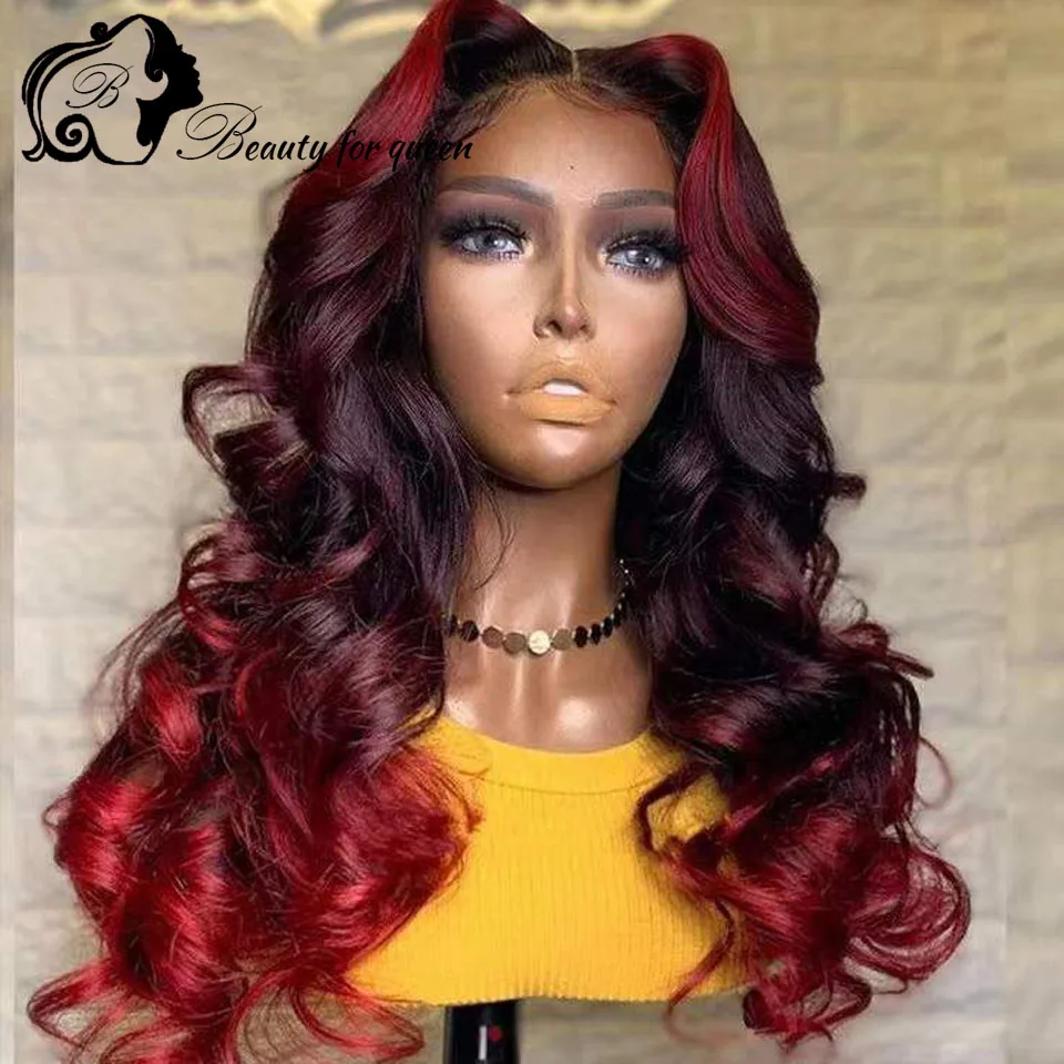 

Высокое качество Omber Purple Red Body Wave Прозрачный 13x4 HD Кружевные фронтальные парики Цветные косплей Бразильский парик человеческих волос для женщин