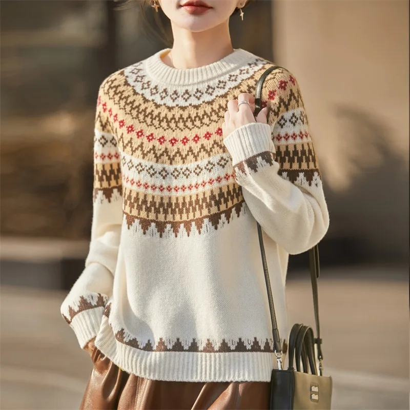 Pullover con scollo a O da donna Maglione di pura lana Twist Flower Primavera Autunno Inverno Maglieria di lana 100% Maglione jacquard Abbigliamento Top