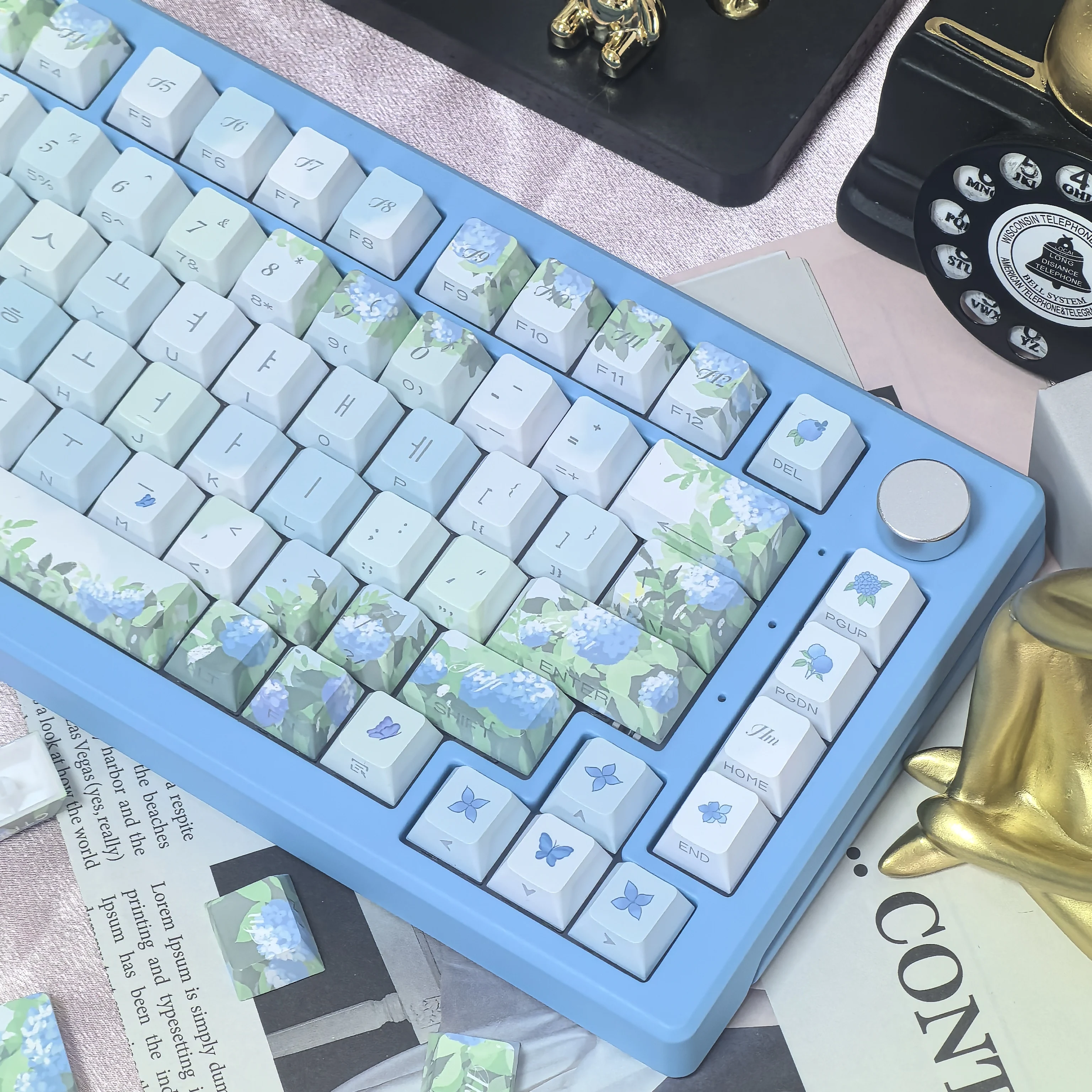 Imagem -03 - Elegante Verde sem Fim Verão Hortênsia Cherry Side Gravado Keycap Azul Coreano Chave Cap Teclado mx Flor de Planta kr 133 Chaves