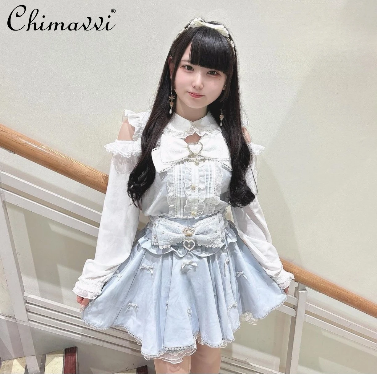 Japanese Liz Mine Off-shoulder Big Bow Long-sleeved Shirt Spring Summer Sweet Girl Cute Long-sleeved Loose Lolita Shirt Blouse