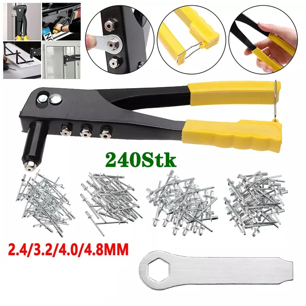 

240pcs Blind Rivets 2.4/3.2/4.0/4.8mm Aluminum Rivet Combination with Yellow Riveting Gun Set Hardware Fasteners Rivets