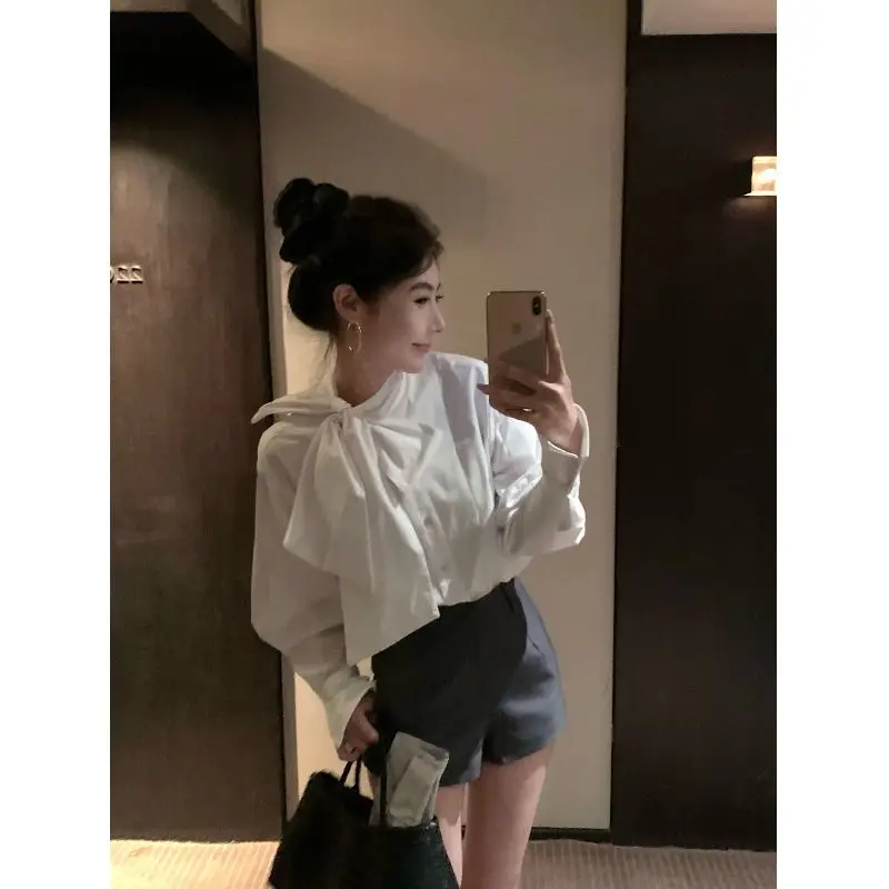 White Bow Lacing All-match Blouse Spring New Long Sleeve Simplicity Loose Korean Shirt Tops Fashion High Street Women Clothing