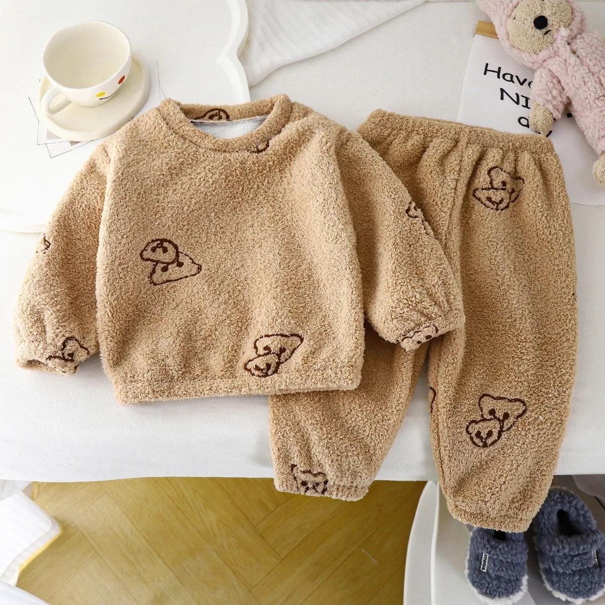 New Kids Autumn Winter Thicken Warm Fleece Pajamas Cute Cartoon O-neck Clothing Sets Baby Boys Girls Sleepwear Toddler Pyjamas