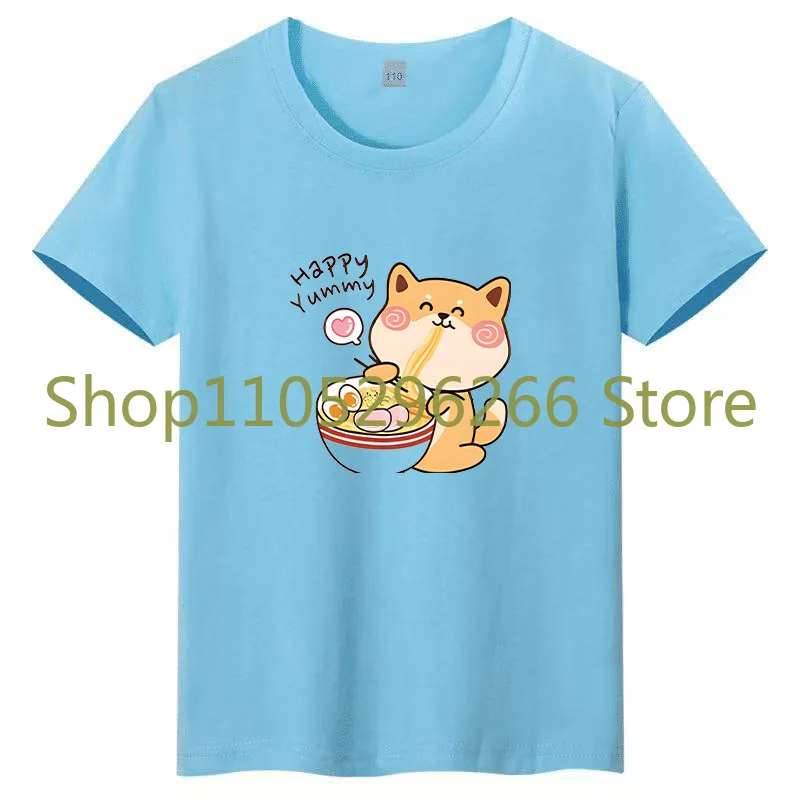 

Summer Children's 100% Pure Cotton T-shirt Foodie Shiba Inu Cartoon Printed Top Casual Parent-child Short Sleeved Shirt