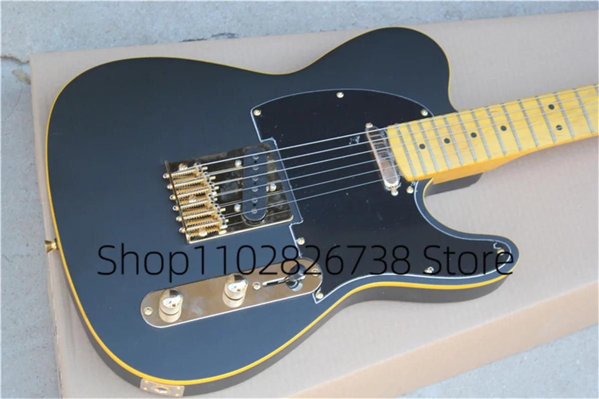 Classic Matte Black Electric Guitar Tel Guitar Yellow Maple Neck Black Guard Fixed Bridge Golden Tuners Factory Custom