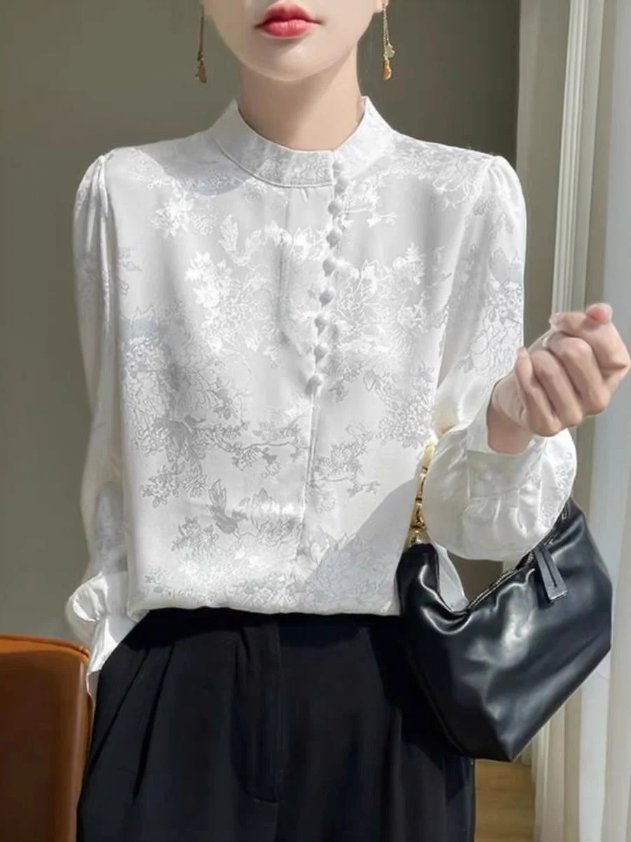 

Retro Style White Satin Floral Embroidery Shirt Women's Spring Autumn Stand Collar Button up Short Sleeve Floral Print Top