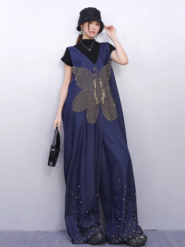 

Ele Embroidered Denim Overalls for Women with Bow Design High Waist Wide Leg Pants Cotton Blend Fabric Slimming Faion