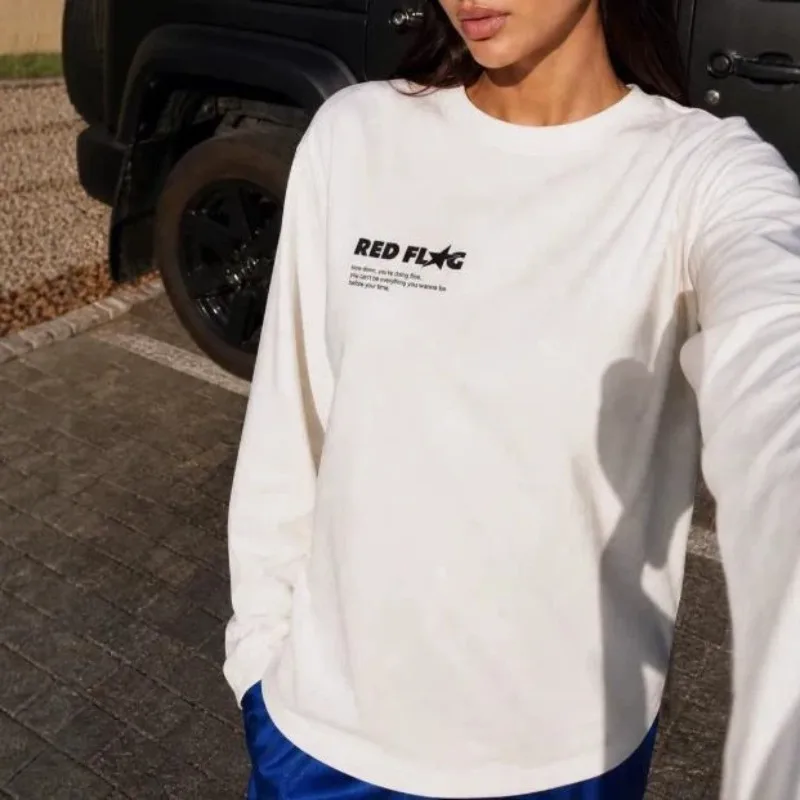 Y2K Minimal Slogan Text & Star Sleeve Graphic Oversized Cotton Long Sleeve Tee Women Casual Street Aesthetic Crew Neck T‑Shirt
