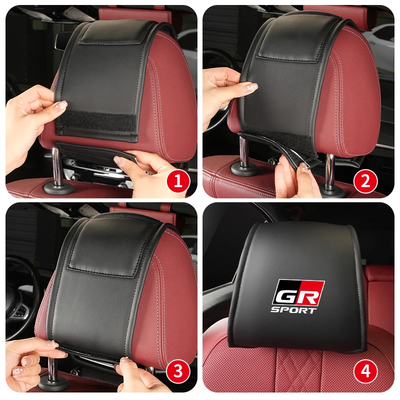 2PCS Leather Car Seat Headrest Protective Cover Accessories For Toyota GR Gazoo Racing Sport C-HR RAV4 Avensis Prado Prius Pardo