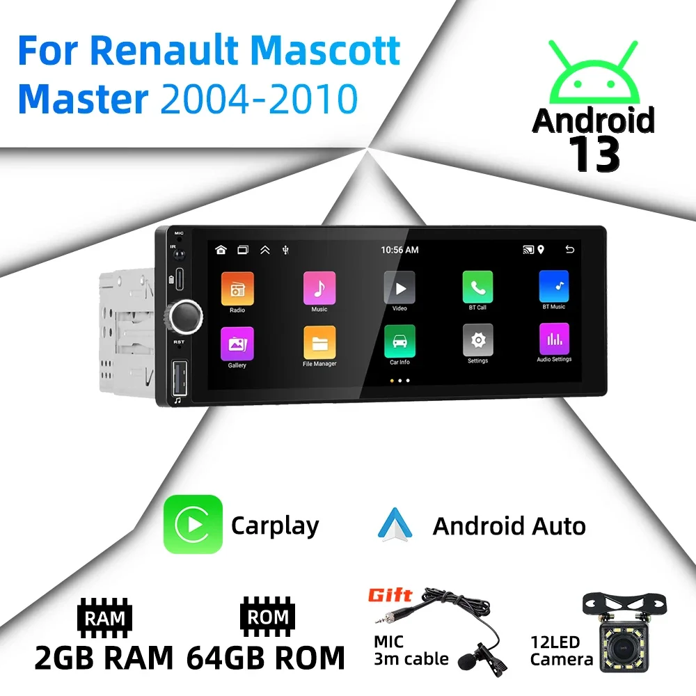 

Carplay Android Auto Android автомобильный мультимедийный 1-диночный радиоприемник для Renault Mascott Master 2004-2010 6,86 "экран стерео головное устройство GPS