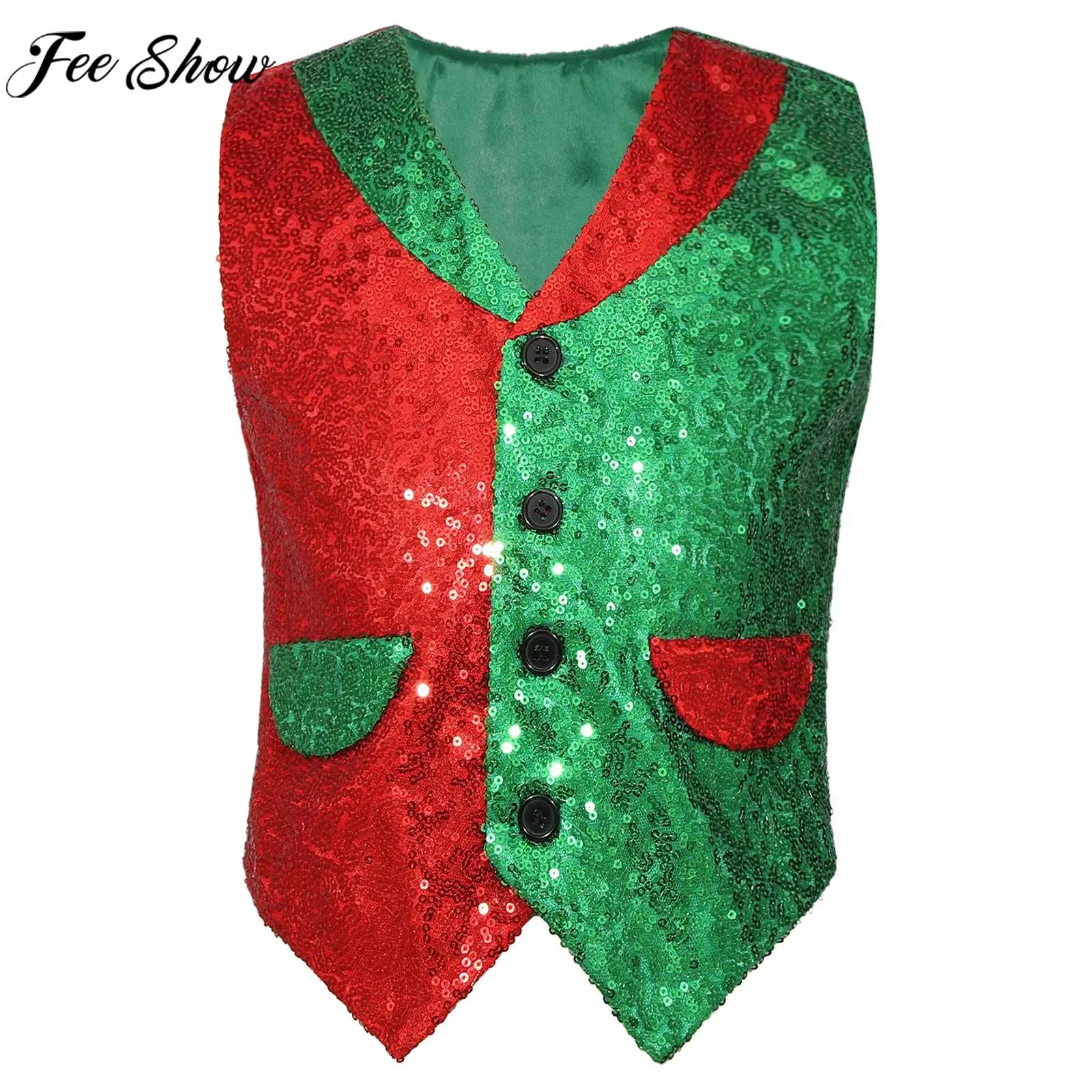 Children Boys Christmas Party Sequin Vest Jazz Dance Choir Stage Performance Waistcoat Halloween Magic Circus Cosplay Costume